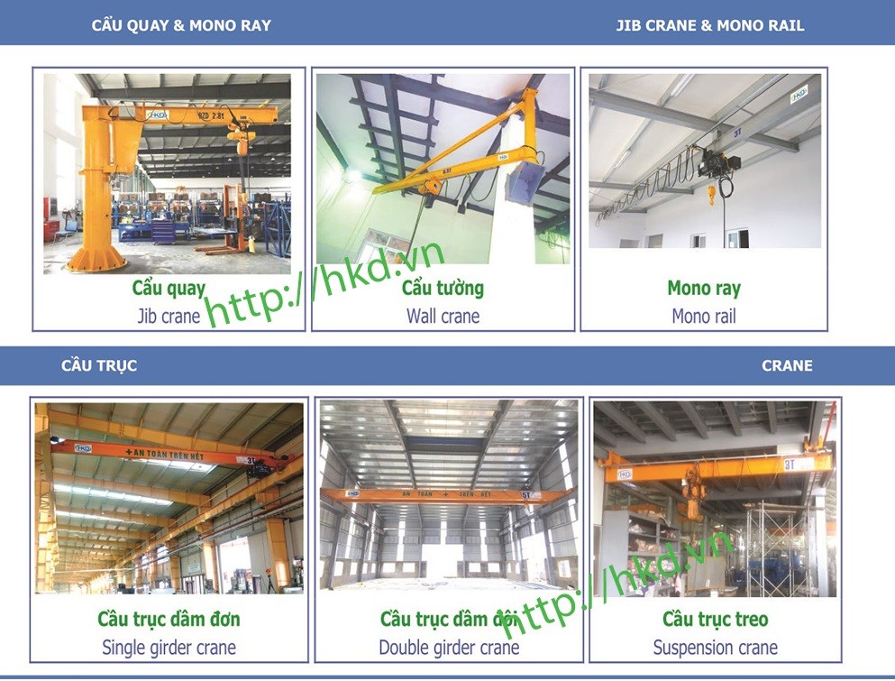 cầu trục dầm đơn, cầu trục dầm đôi, cẩu trục quay